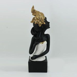 СКУЛПТУРА ЖЕНА С ЦВЕТЕ, ЧЕРНО-БЯЛО-ЗЛАТНО, 11.5x8.5x35cm