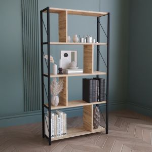 Етажерка за книги Fitabo, черен метал, цвят дъб, 75x22x151см