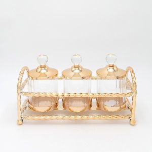 S/3 ПОДНОС ЗА ДЕКОРАЦИЯ, МЕТАЛ-СТЪКЛО, ЗЛАТО, 13x29см