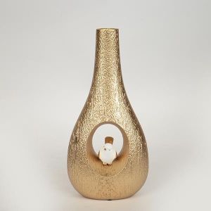 ВАЗА, ДЪРВЕНА, С ПТИЦА, БЯЛО-ЗЛАТО, 15.8x8.9x32.5cm