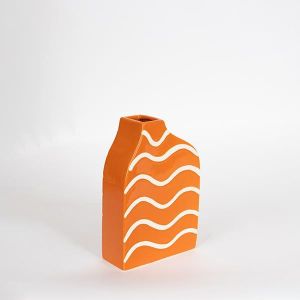 ВАЗА, КЕРАМИКА, ОРАНЖЕВА С БЕЛИ ЛИНИИ, 15x6x23cm