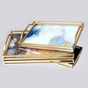 ПОДНОС, МЕТАЛЕН, С ОГЛЕДАЛО, ЗЛАТИСТО-СИН-КОМПЛЕКТ 2БР, L:40x30x5.5, S:35x25x4.5cm