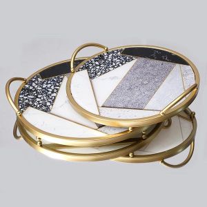 ПОДНОС, МЕТАЛЕН, СЪС СТЪКЛО, ЗЛАТЕН, КОМПЛЕКТ 2БР, L:35x35x6, S:30x30x6cm
