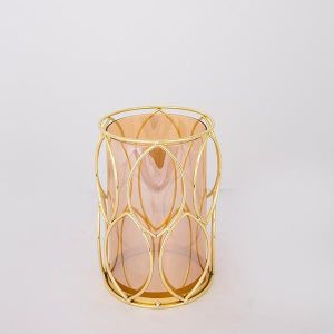 СВЕЩНИК С КЕХЛИБАРИРАНО СТЪКЛО, МЕТАЛ, ЗЛАТО, 1 ПОЗИЦИЯ, 13.5x20см