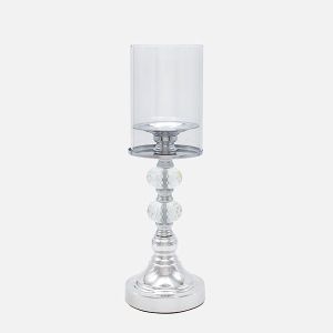 СВЕЩНИК С ПРОЗРАЧНА СТЪКЛЕНА ЧАША, МЕТАЛЕН, СРЕБРИСТ, 11x24см