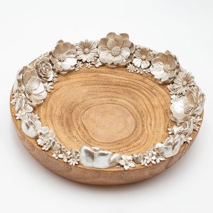 ДЕКОРАТИВНА ЧИНИЯ, ЦВЕТЯ, ПОЛИРЕЗИН-ДЪРВО, НАТУРАЛНО-СРЕБЪРНО, 29.3x29.3x7см
