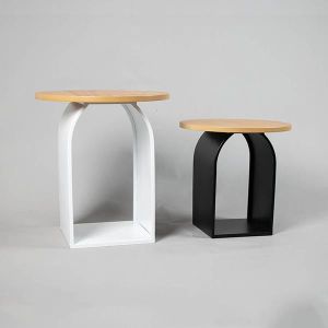 КОМПЛЕКТ ПОМОЩНИ МАСИ, МЕТАЛ-ДЪРВО, БЯЛО-НАТУРАЛНО-ЧЕРНО, 40X40X45СМ, 35X35X35СМ