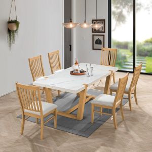 ДЪРВЕН КОМПЛЕКТ ЗА ХРАНЕНЕ COMET: МАСА + 6 СТОЛА, НАТУРАЛЕН ЦВЯТ С MDF, БЯЛ МРАМОР, БЯЛ ПЛАТ