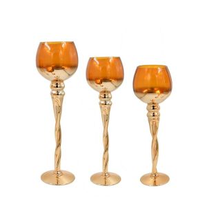 КОМПЛЕКТ ОТ 3 СТЪКЛЕНИ СВЕЩНИКА FL5566 КЕХЛИБАРЕН ЦВЯТ 35-40-45СМ