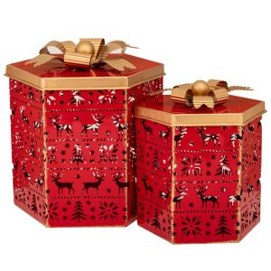 КОЛЕДЕН КОМПЛЕКТ 2 ЧЕРВЕНА МЕТАЛНА КУТИЯ 24.5X21X26СМ 19X17X21СМ