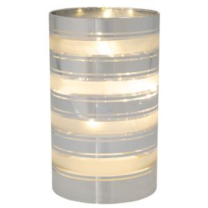 КОЛЕДЕН СРЕБЪРЕН СТЪКЛЕН ДЕКОРАТИВЕН ЦИЛИНДЪР С БЕЛИ РАЕТА И LED СВЕТЛИНА D9X15 СМ, ЗАХРАНВА СЕ С БАТЕРИЯ