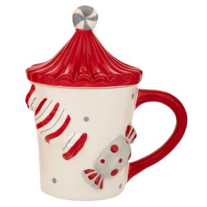 КОЛЕДНА БЯЛА И ЧЕРВЕНА КЕРАМИЧНА ЧАША С КАПАК И БОНБОНИ 14X10,5X17СМ