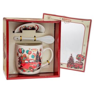 КОЛЕДНА КЕРАМИЧНА ЧАША С ЛЪЖИЦА И ЧИНИЯ В ПОДАРЪЧНА КУТИЯ