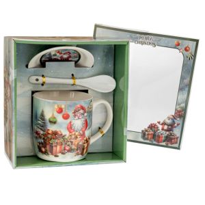 КОЛЕДНА КЕРАМИЧНА ЧАША С ЧИНИЯ И ЛЪЖИЦА С ДЯДО КОЛЕДА В ПОДАРЪЧНА КУТИЯ