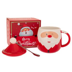 КОЛЕДНА ЧЕРВЕНА КЕРАМИЧНА ЧАША С КАПАК ДЯДО КОЛЕДАВ КУТИЯ