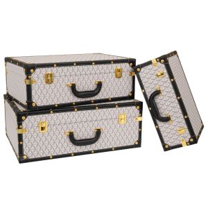 КОМПЛЕКТ ОТ 3 ЧЕРНО-БЕЛИ КАРИРАНИ КУФАРА СЪС ЗЛАТИСТИ И ЧЕРНИ ДЕТАЙЛИ 53Х38Х20СМ 48Х32Х17СМ 38Х25Х14СМ