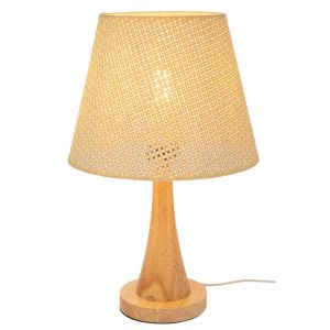 НАТУРАЛНА ДЪРВЕНА ЛАМПА С КРЕМОВА ШАПКА 38 СМ