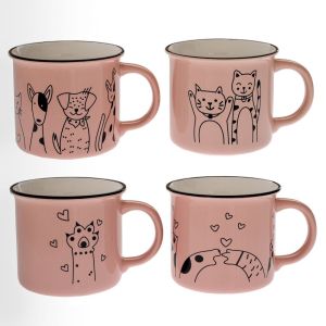 РОЗОВА КЕРАМИЧНА ЧАША С ФИГУРКА НА КОТКА И КУЧЕ 460 МЛ