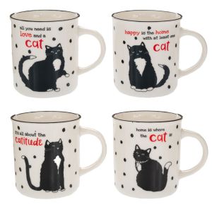 ЧЕРНО-БЯЛА КЕРАМИЧНА ЧАША С ФИГУРКА НА КОТКА 330 МЛ 4 ДИЗАЙНА