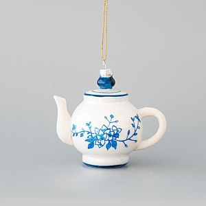 СТЪКЛЕНА УКРАСА, ЧАЙНИК, СЪС СИНИ ЦВЕТЯ, КОМПЛЕКТ ОТ 4 БРОЯ, 11X7,5X10СМ