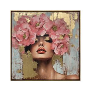 КАРТИНА ВЪРХУ ПЛАТНО ЖЕНА С ЦВЕТЯ 37220 БЕЖОВО-РОЗОВО-БЯЛО 80X4X80СМ