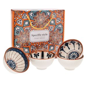 КОМПЛЕКТ ОТ 4 БЕЛИ КЕРАМИЧНИ КУПИ СЪС СИНИ ЦВЕТЯ, 11X6 СМ