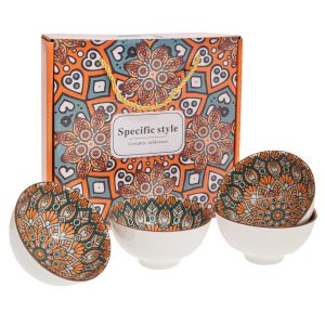 КОМПЛЕКТ ОТ 4 ОРАНЖЕВИ КЕРАМИЧНИ КУПИ С ГЕОМЕТРИЧНИ ДИЗАЙНИ 11X6 СМ