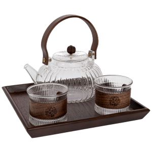 КОМПЛЕКТ ОТ 4 ЧАСТИ, ДЪРВЕН ПОДНОС СЪС СТЪКЛЕН ЧАЙНИК И ЧАШИ 23,5X23,5X11СМ