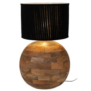 КРЪГЛА НАСТОЛНА ЛАМПА ОТ МАНГОВО ДЪРВО С ТЪМНОСИН АБАЖУР, 45X50 СМ