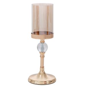 ЗЛАТИСТ МЕТАЛЕН СВЕЩНИК СЪС СТЪКЛО D13,5X36CM