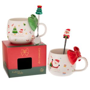 КОЛЕДНА БЯЛА КЕРАМИЧНА ЧАША С ПАПИОНКА И ЛЪЖИЦА, 4 ДИЗАЙНА 1/В КУТИЯ