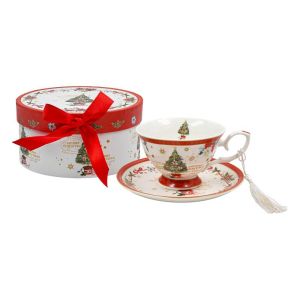 КОЛЕДНА КЕРАМИЧНА ЧАША ЗА ЧАЙ С ЧИНИЙКА В КУТИЯ FL80018 БЯЛО-ЧЕРВЕНА 13x7см 200мл