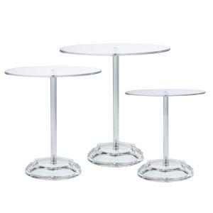 КОМПЛЕКТ 3 ПРОЗРАЧНИ АКРИЛНИ КРЪГЛИ ПОДНОСА НА СТОЙКА D20X18.5 D24X23,5 D30X28,5 СМ