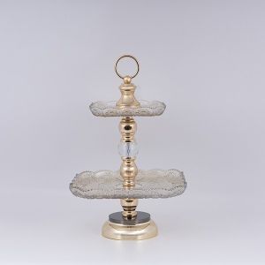 ДЕКОРАТИВНА ПОСТАВКА ЗА ТОРТА, 2 ЕТАЖА, ОТ ЧЕКЛО СЪС ЗЛАТНИ ДЕТАЙЛИ, 26X43СМ