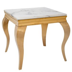 ЗЛАТИСТА МЕТАЛНА МАСА С БЯЛА МРАМОРНА ПОВЪРХНОСТ 50X50X50 СМ