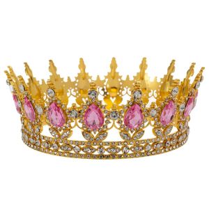 ЗЛАТНА МЕТАЛНА КОРОНА С РОЗОВИ СКЪПОЦЕННИ КАМЪНИ 12X5.5 СМ