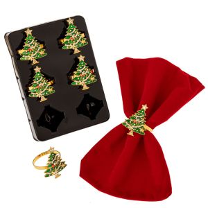 КОЛЕДЕН КОМПЛЕКТ ОТ 6 ПРЪСТЕНА ЗА САЛФЕТКИ СЪС ЗЕЛЕНО ДЪРВО