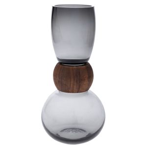 СИВА СТЪКЛЕНА ВАЗА С ДЪРВЕНА ДЕКОРАЦИЯ 16X33СМ