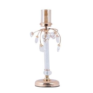 СТЪКЛЕН СВЕЩНИК С КРИСТАЛНИ ДЕТАЙЛИ, МЕТАЛНА ОСНОВА, ЗЛАТИСТО-БЯЛО-КЕХЛИБАРЕНО СТЪКЛО 12X42СМ