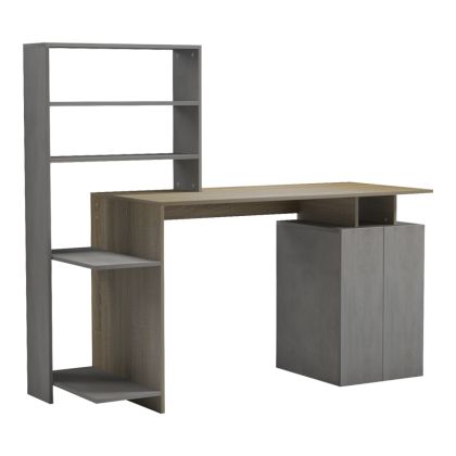 Ляв ъглов диван Нова Карина в сив цвят със светли възглавнички и табуретка с размери 278х218х85см