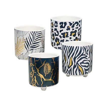 МАЛКА САКСИЯ С КРАКА (4 ИЗБОРА) ДИГИТАЛЕН ПРИНТ ДЖУНГЛА ЧЕРНО/ЗЛАТНО - Φ9.5X9.5СМ 8/64 КУТИЙКИ