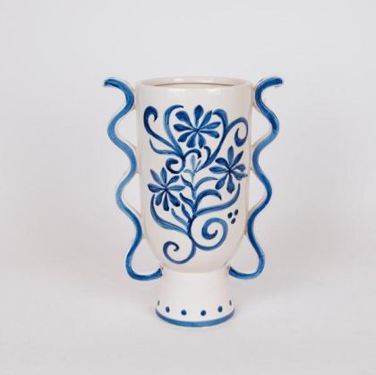 ВАЗА, КЕРАМИЧНА С ЦВЕТЯ, СИНЬО-БЯЛА, 22.5X14X31СМ