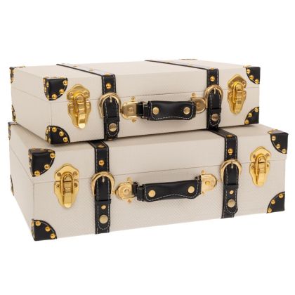 КОМПЛЕКТ ОТ 2 БЕЛИ КУФАРА С ЧЕРНИ КОЖЕНИ ДЕТАЙЛИ 45X15X30СМ 40X10X25СМ