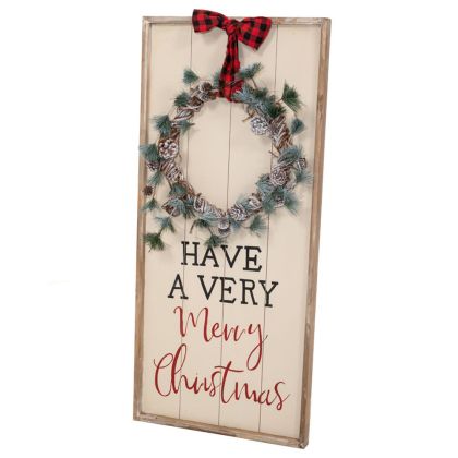 КОЛЕДНА БЯЛА ДЪРВЕНА ТАБЕЛА С ВЕНЕЦ 46X100 СМ