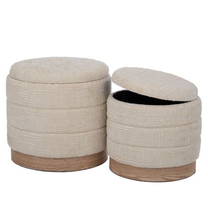 КОМПЛЕКТ ОТ 2 КРЕМАВИ ТЕСТИЛНИ ТАБУРЕТКИ С МЯСТО ЗА СЪХРАНЕНИЕ И ДЪРВЕНИ КРАКА 42X40X40, 35X35X34СМ