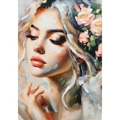БЕЖОВА КАРТИНА ВЪРХУ ПЛАТНО КРАСИВА ЖЕНА С ЦВЕТЯ НА ГЛАВАТА 70x100 СМ 8/KIB