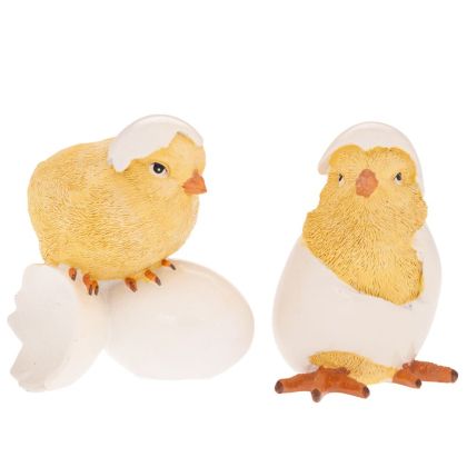 ВЕЛИКДЕНСКИ ДЕКОРАТИВНИ ПИЛЕТА ОТ ПОЛИРЕЗИН С ЧЕРУПКИ ОТ ЯЙЦА В ЖЪЛТ ЦВЯТ 9X6X10СМ 2 ДИЗАЙНА