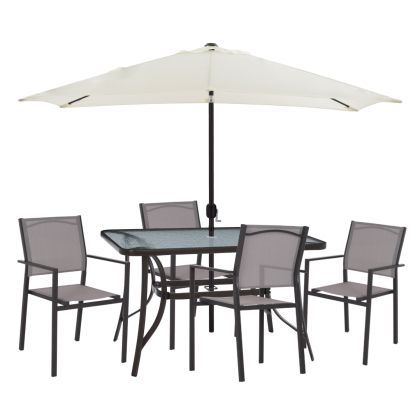 Десен ъглов диван Нова Карина в кафяв цвят с жълти възглавници и табуретка с размери 278х218х85см