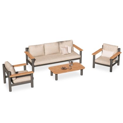 КОМПЛЕКТ ЗА ХОЛ 4 ЧАСТИ DEVERON SM6439.01 ВЪГЛИЩЕН АЛУМИНИЙ-ВЪЖЕ-БЕЖОВ ОЛЕФИН - ТИКОВО ДЪРВО