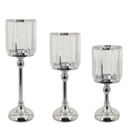 КОМПЛЕКТ СВЕЩНИЦИ/3 МЕТАЛНИ ЗЛАТИСТИ/БЕЛИ С КРИСТАЛИ - Р:Φ11x25, М:Φ11x33, Д:Φ11x38см 6/КУТИЯ